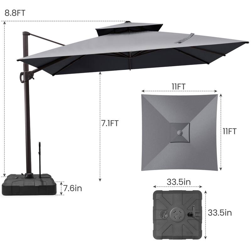 11 x 11 FT Outdoor Square Cantilever Offset Umbrella 360 Degrees Rotation with Base