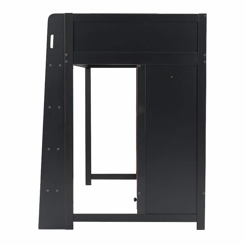 Wood Gaming Loft Bed with Built-In Desk, Wardrobe, LED Lights and Drawer