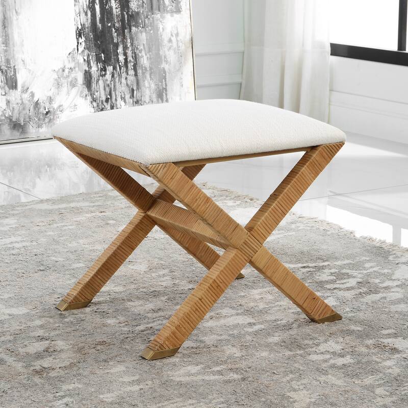 Upholstered Rattan X Shaped Base Small Bench - 19" - White and Brown