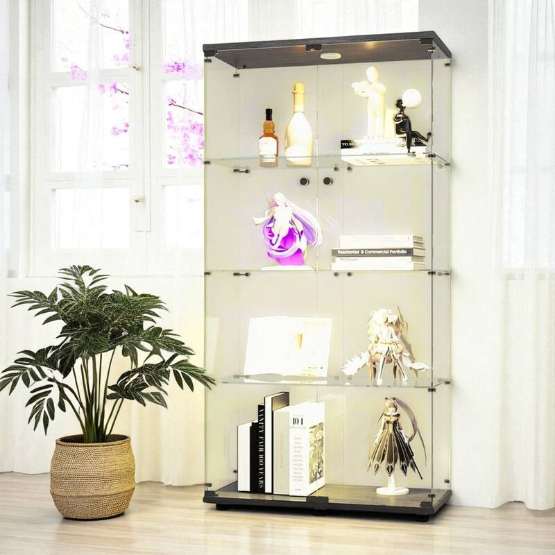 Lighted Two-Door Glass Display Cabinet with 4 Shelves, Tempered Glass and Security Lock