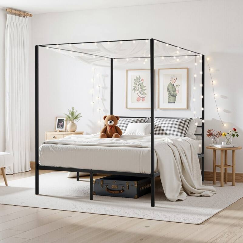 Modern Black Metal Canopy Bed Frame with 12.4 Inch Storage Clearance and Strong Weight Support