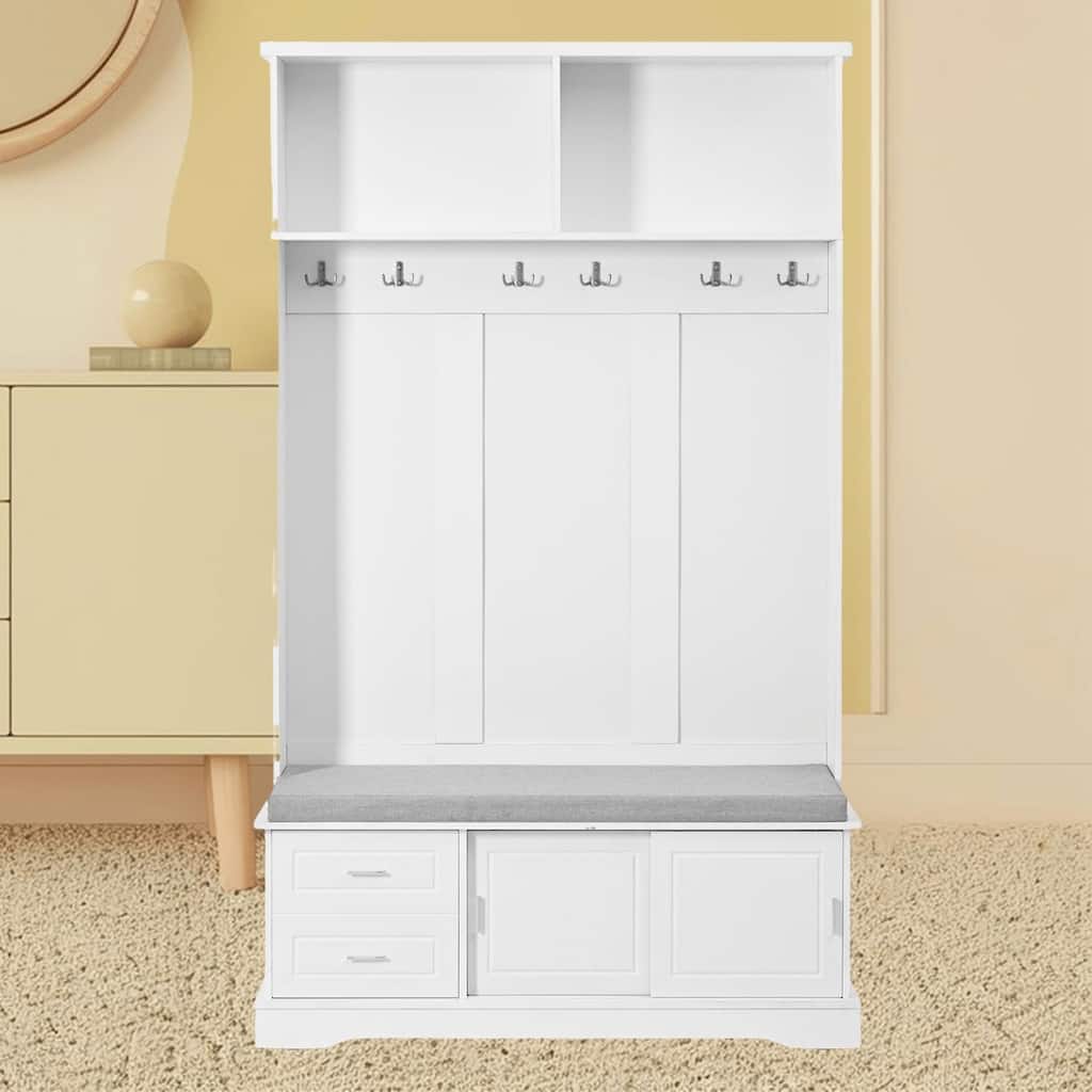 3-in-1 Hall Tree with Sliding Doors, Coat Rack, Padded Bench and Shoe Cabinet for Entryway, Mudroom, or Bedroom Organizer