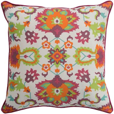 Kyna Floral Modern Bright Orange Feather Down or Poly Filled Throw Pillow 18-inch