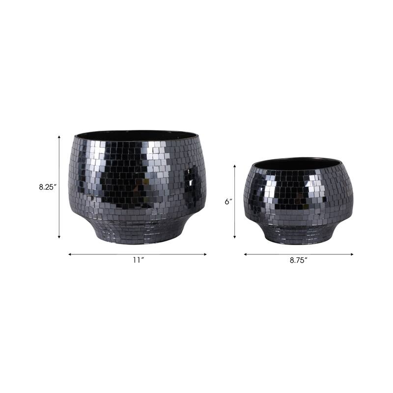Metal Planters Mirrored Mosaic Surface Modern Accent Home (Set of 2)