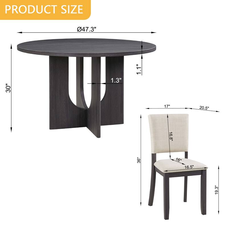 5 Piece Round Dining Table Set for 4, Modern 4 Upholstered Chairs for Living, Kitchen Room, 47.3 Inch