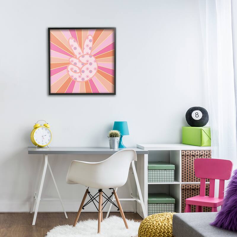 Stupell Beaming Peace Sign Hand Framed Giclee Art Design By Jesse Keith