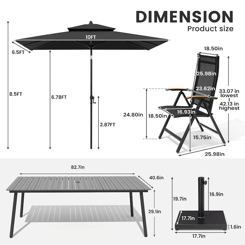 9/11-Piece Outdoor Aluminum Patio Dining Set w/10 ft Umbrella and Base, Rectangle Table and Folding Chairs