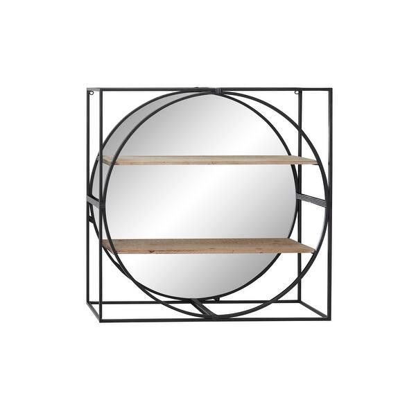 Shop 31 Large Round Industrial Metal Wall Mirror With Wood Shelves Square And Metal Frame 31 X 8 X 31 Overstock 32112562
