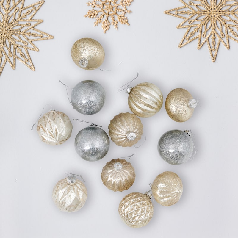 12ct Champagne Silver Mercury Glass Style Glass Ornament Set 3"