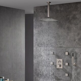 12" Ceiling Rainfall 3 Way Thermostatic Faucet Shower System w/6 Body Jets