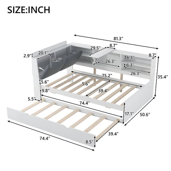 Wood Twin Size Platform Bed with Trundle, Shelves and Storage Headboard, Gray