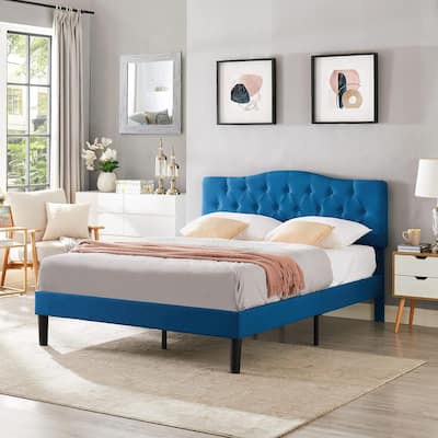 Platform Bed Frame with Linen Fabric Upholstered Headboard and Wooden Slats Support, Fully Upholstered Mattress Foundation
