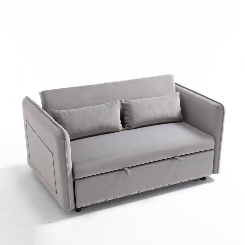 55" Velvet Convertible 3-in-1 Sleeper Sofa Bed with Reclining Backrest, Side Pockets, and 2 Pillows