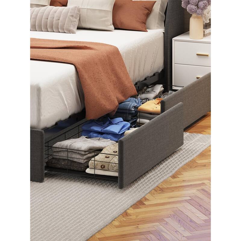 Wingback Headboard Upholstered Platform Bed Frame with 4 Drawer