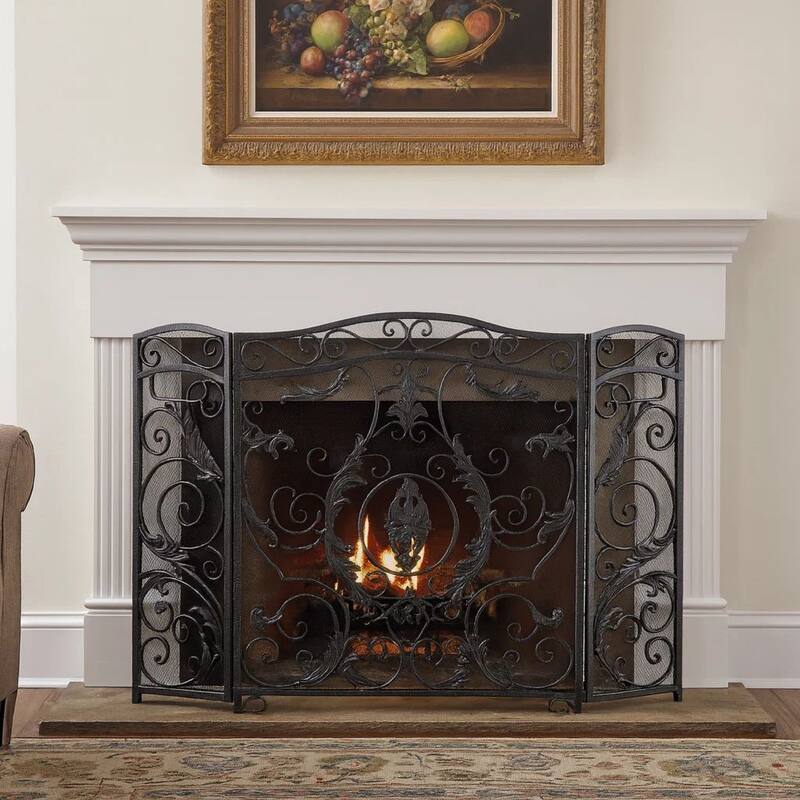 Fireplace Screen, Scrollwork Mesh Design, Iron w Black, Silver Finish