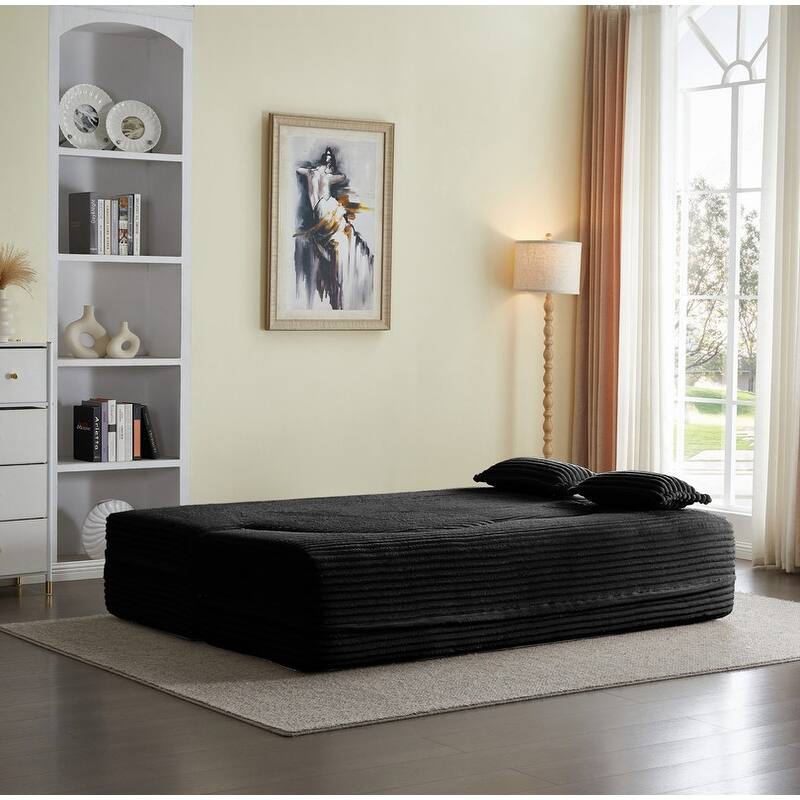 Modern 78" Full Size Convertible Corduroy Foam-Filled Sleeper Sofa,Modern Floor Sofa with 2 Pillows