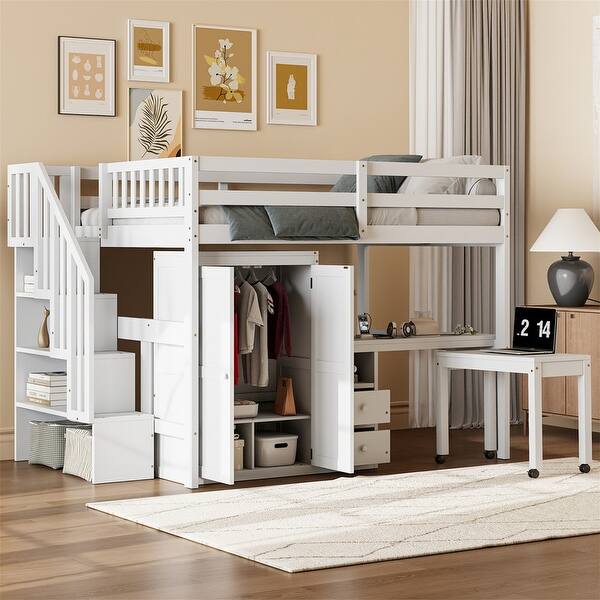 slide 2 of 112, Twin/Full Size Loft Bed with Storage Staircase, Wardrobe and Desk, Solid Wood Loft Bedframe with 2 Storage Drawers and Shelves White - Full