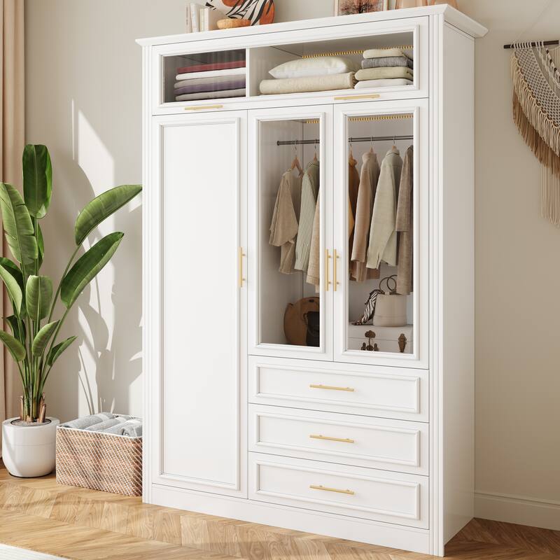 3 Door Wardrobe White Armoire Closet with LED Light, Minimalist Clothing Storage Cabinet with 3 Drawers