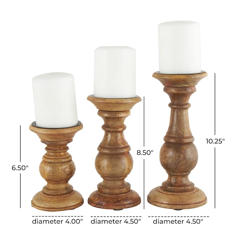 Mango Wood Distressed Turned Pillar Decorative Candle Holder - Set of 3 - Roche River Decor