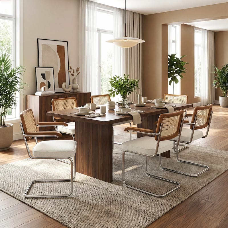 Set of 2 Azra White Boucle Dining Chair with Rattan Backrest and Chrome Legs