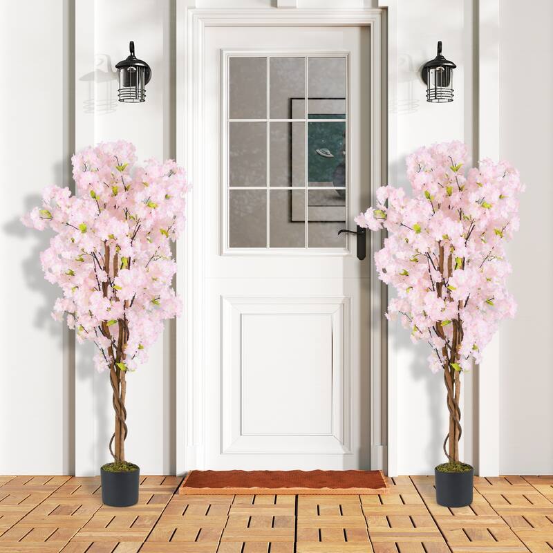 Gymax 5 FT Tall Artificial Cherry Blossom Tree Faux Flower Plant in