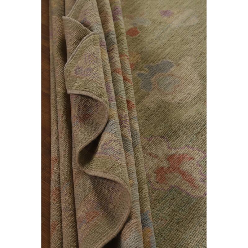 Hand Knotted Oriental 100% Wool Carpet Transitional All-Over Green Oushak Area Rug - 12' 5'' X 9' 3''