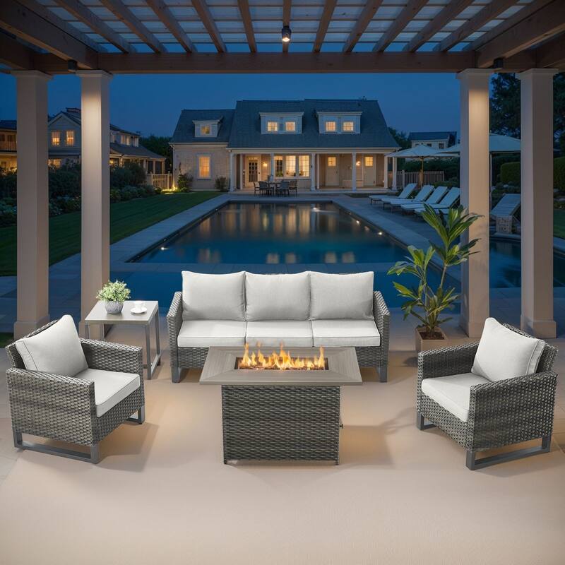Outdoor Fire Pit Table with Patio Funiture - Grey Wicker Beige Cushion - 5PCS Sofa Chair w/ Fire Table