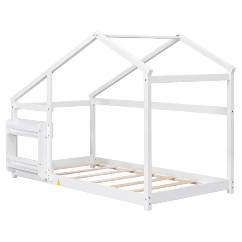 Twin Size Wooden House Bed, Twin Floor Wooden Bed with Shelf