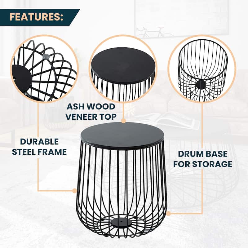 Runswick 16-inch Round Storage End Table – Mid-Century Modern Side Table with Removable Wood Top and Wire Drum Base - 16"