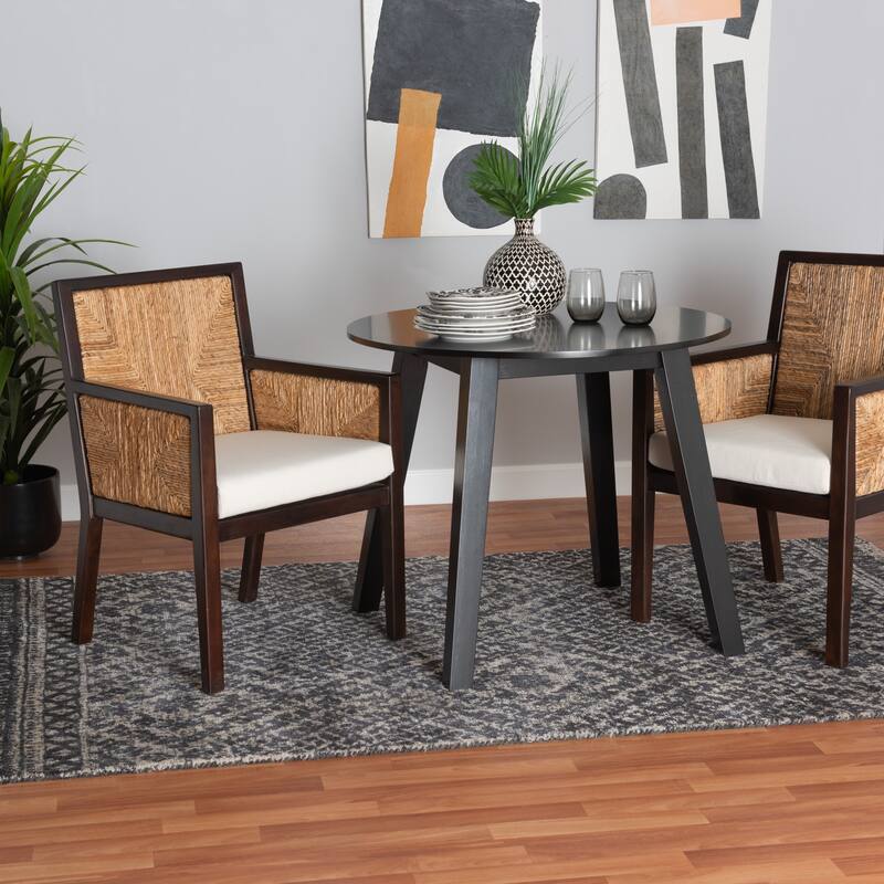Joana Modern Bohemian Dark Brown Mahogany Wood and Natural Abaca Dining Arm Chair
