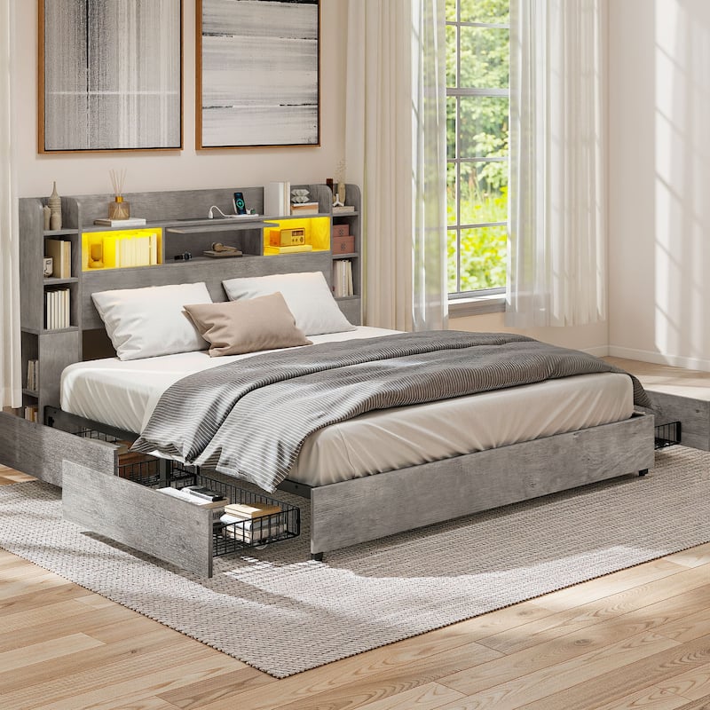 Moasis Queen/King Size Bed Frame with Bookcase Headboard and 4 Storage Drawers