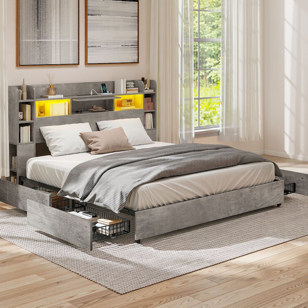 Moasis Queen/King Size Bed Frame with Bookcase Headboard and 4 Storage Drawers