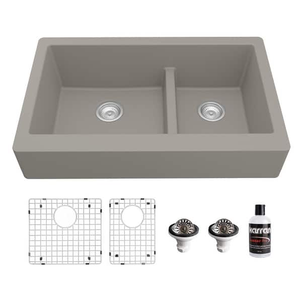slide 50 of 66, Karran Retrofit Farmhouse Quartz 34 in. Double Bowl 60/40 Sink Kit Concrete