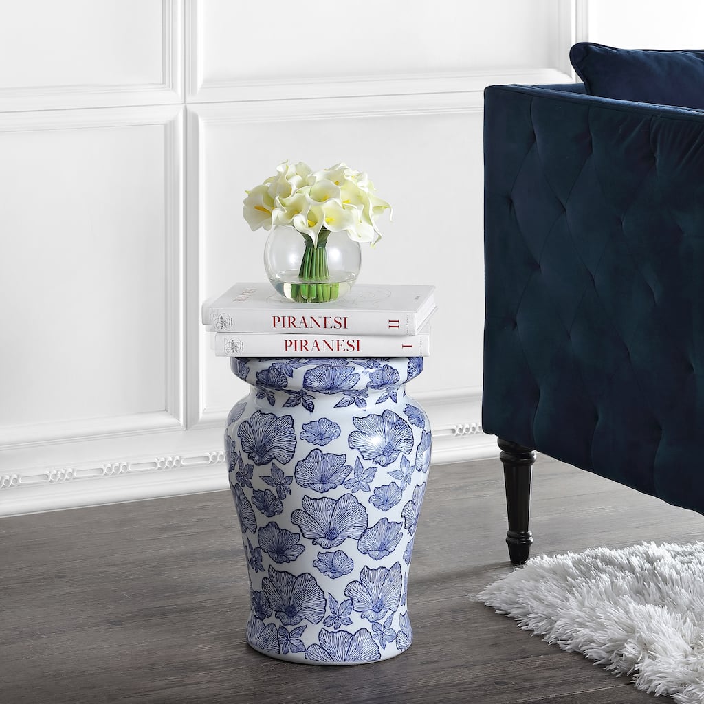 Poppies 17.7" Ceramic Garden Stool, White/Blue by JONATHAN Y