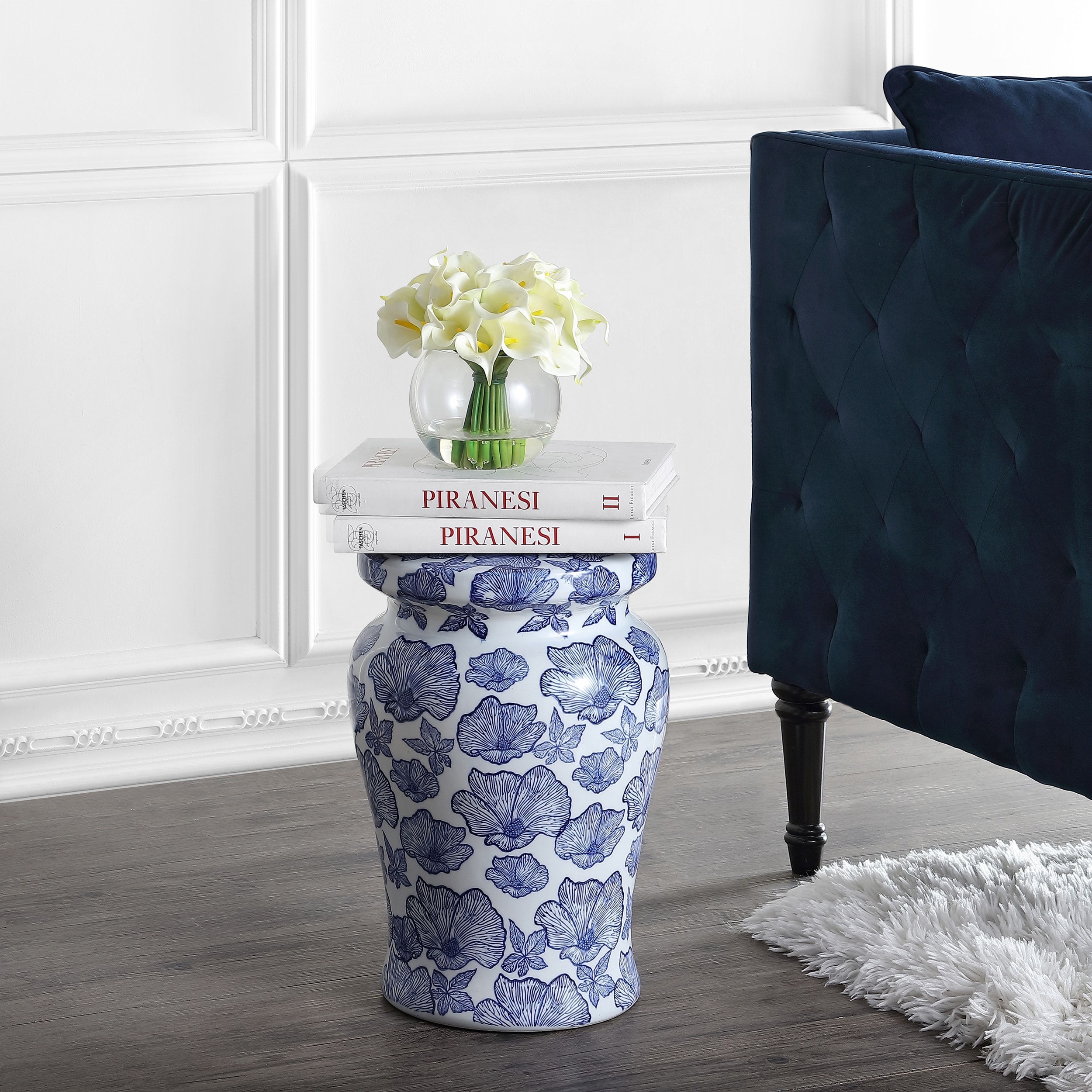 Poppies Traditional Floral Chinoiserie Ceramic Drum Garden Stool, Pierced Indoor/Outdoor Patio Seat & Side Table