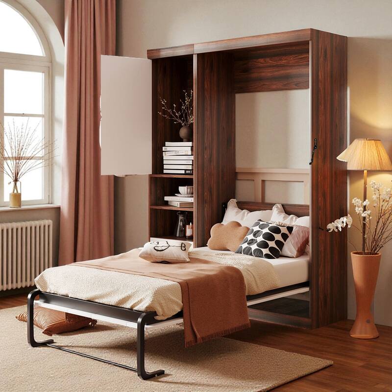 Twin/Full Size Murphy Wall Bed with Side Cabinet Storage, Foldable Bed with Slat Support, Space-Saving Bedroom Furniture