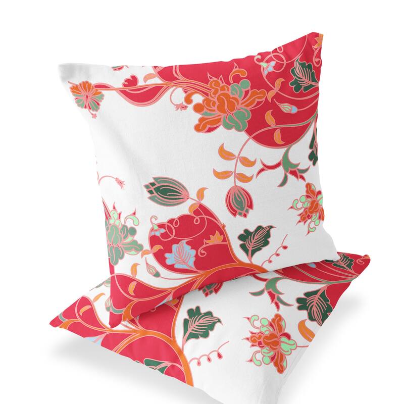 HomeRoots Set of Two 16" X 16" Red and White Blown Seam Floral Indoor Outdoor Throw Pillows - 16.00' X '16.00' X '5.00