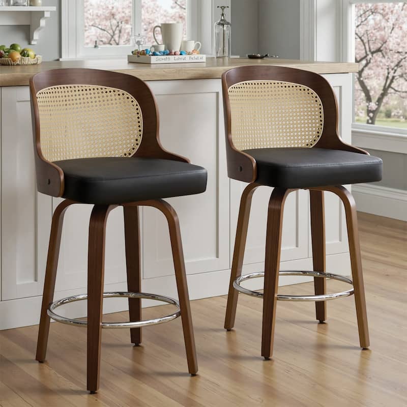26" Upholstered Swivel Counter & Bar Stool with Rattan Back - 37.4"H x 19.09"W x 19.88"D