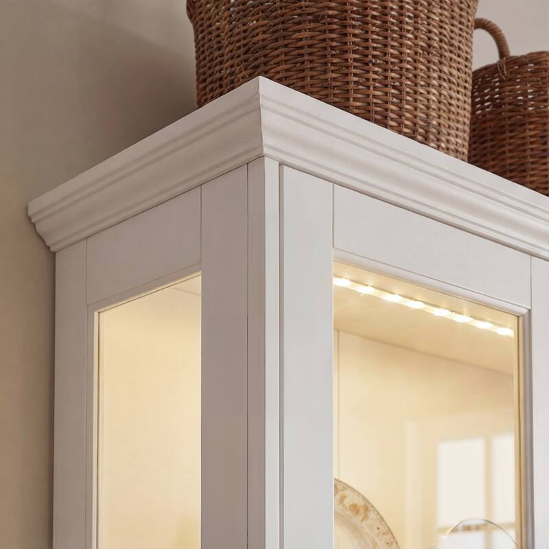 63" Lighted Glass Display Cabinet Curio Cabinet with Bluetooth LED Lights, White China Cabinet Storage for Living Room