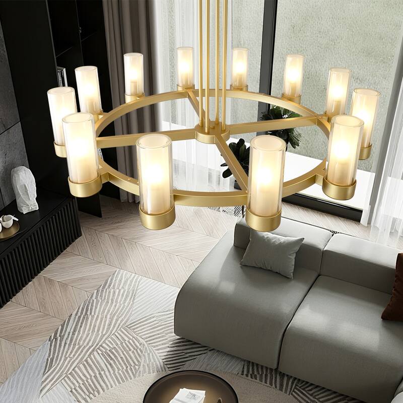 12 - Light Modern Round Chandelier with Frosted Glass Cylinder Shades