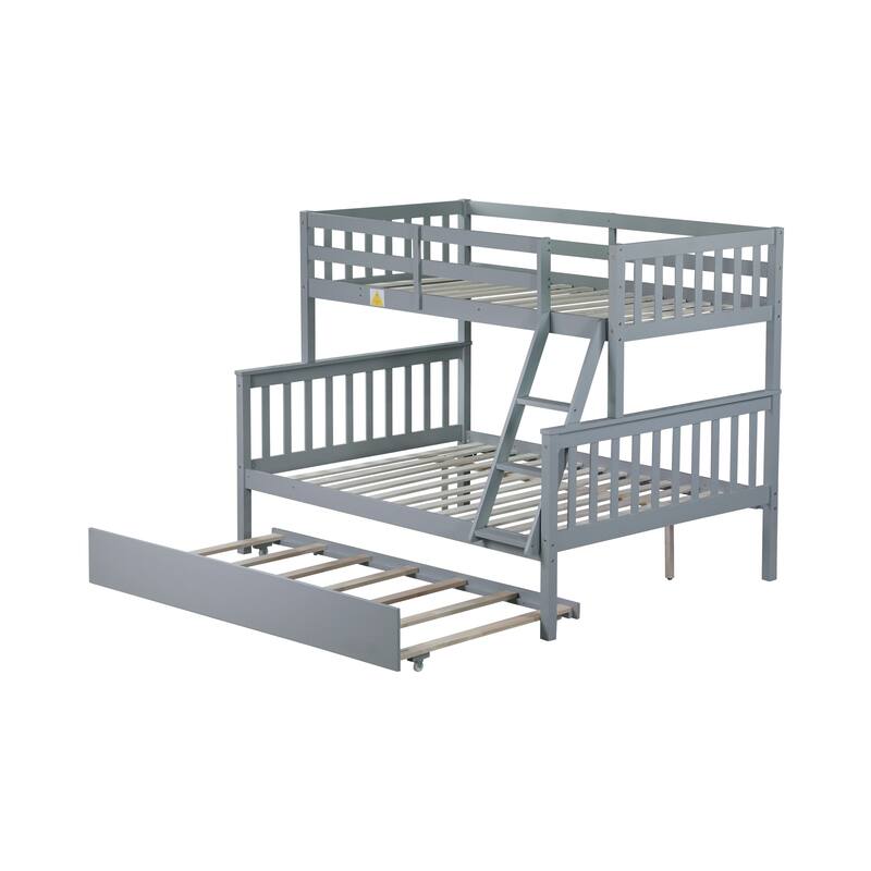 Convertible Twin Over Full Bunk Bed with Trundle, Detachable Ladder and Guardrail, Grey
