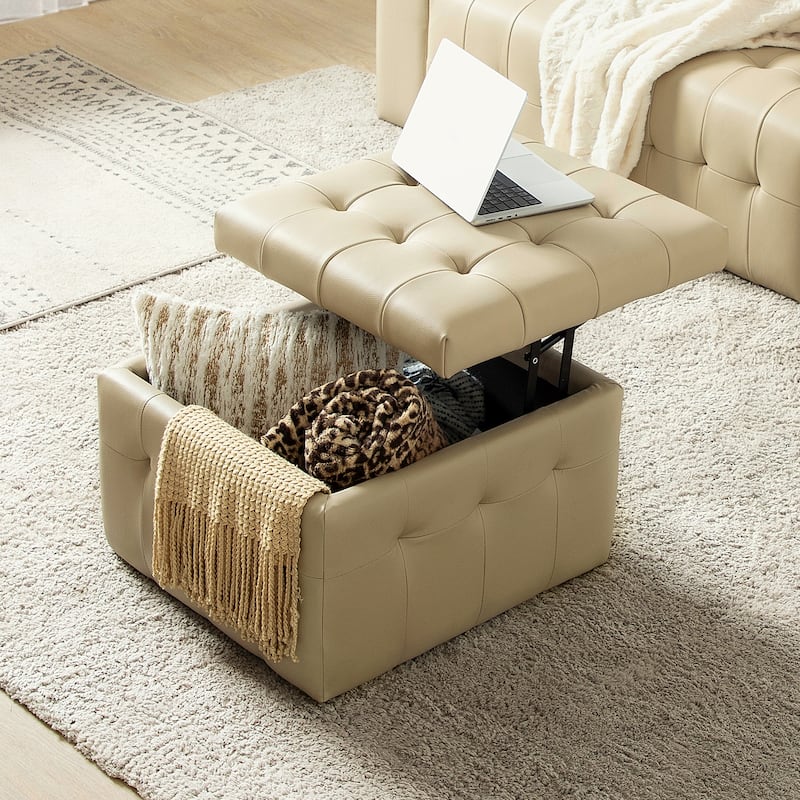 Aurora Genuine Leather Ottoman with Tufted Design by HULALA HOME - BEIGE