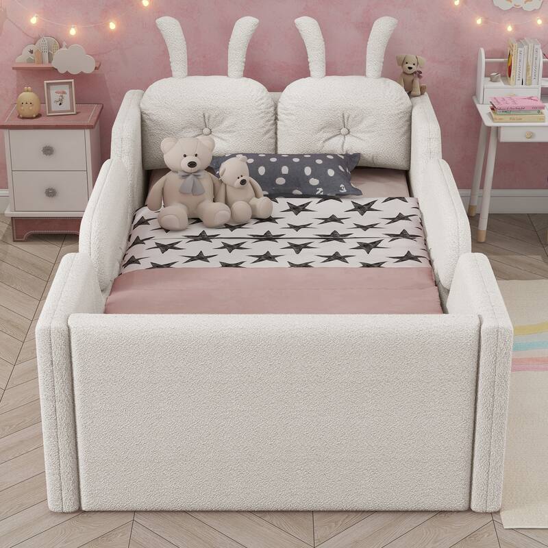 Twin Size Upholstered Platform Bed with Rabbit Cushion, Kids Floor Upholstered Bed with Removable Side Rails