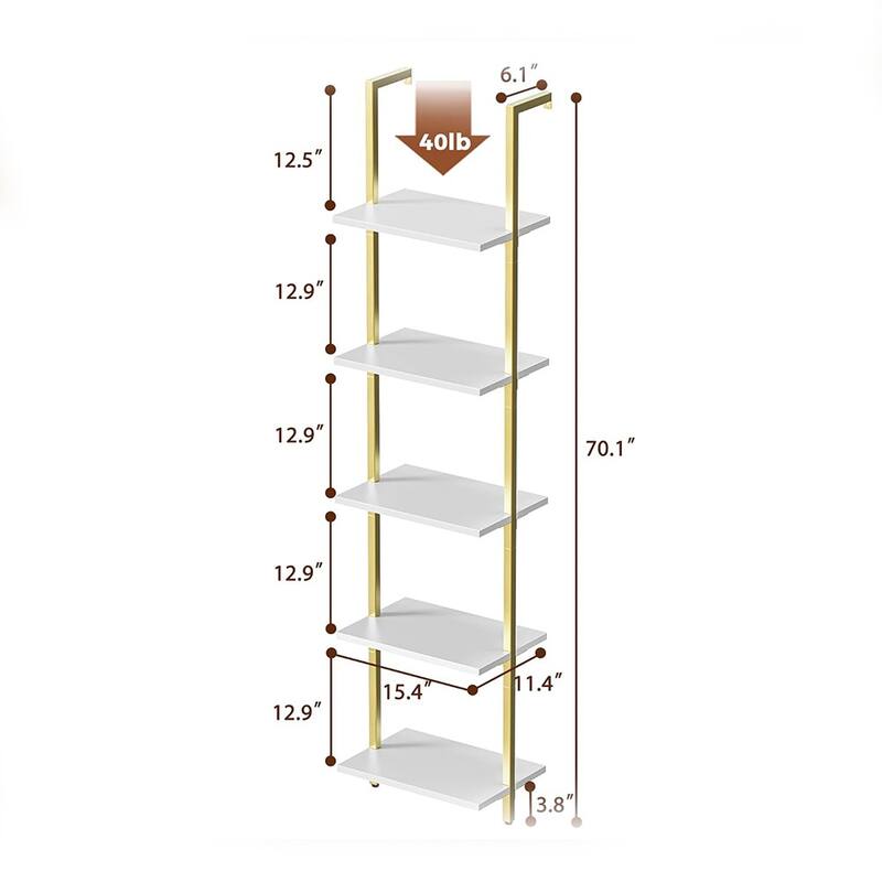 5Tier Bookshelf,Open WallMounted Ladder Shelf,Gold & White Bed Bath