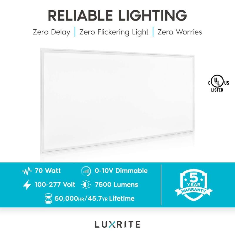 Luxrite 2x4 FT LED Flat Panel Light, 72W, 0-10V Dimmable, 24x48 Inch LED Light Panel, UL Listed, 4-Pack