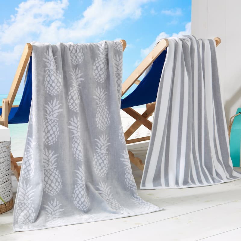 Linery & Co. 100% Cotton Jacquard 2 Pack Summer Beach Towels - 2 Pack- 30" x 60" - Pineapple & Stripes