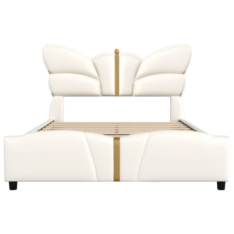 Bedroom Platform Bed Frame with Butterfly-Shaped Headboard, PU Leather Upholstered Bed with Gold Accents