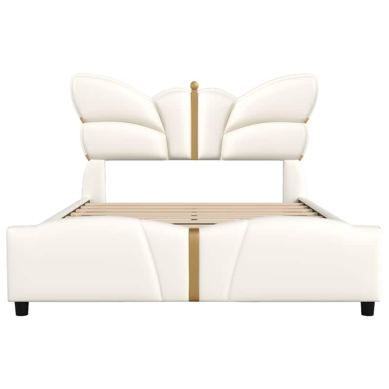 Full Size Upholstered Bed Frame, with Butterfly Shaped Headboard and Footboard, Platform Bed Frame with Gold Metal decorations