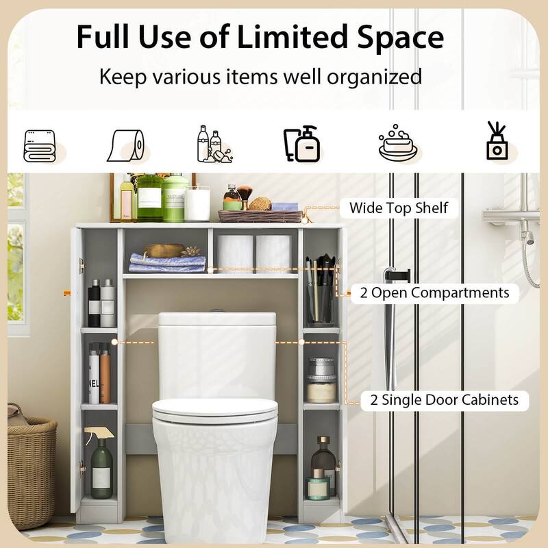 Over Toilet Storage Cabinet with Shelves and Double Door Cabinets
