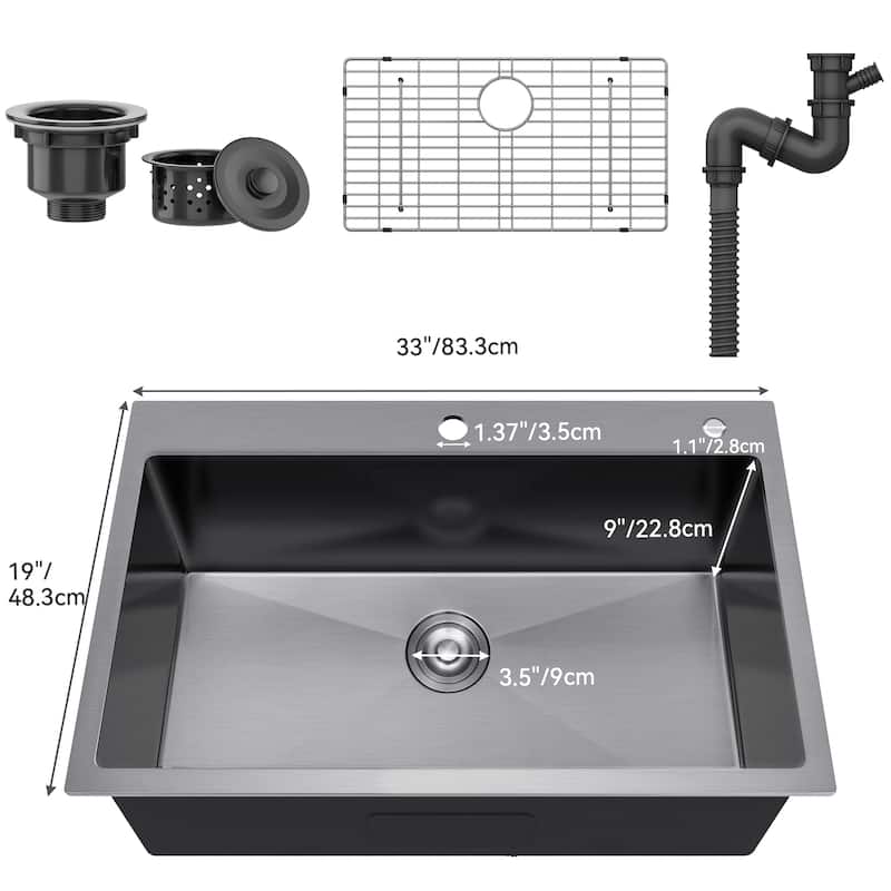 33 Inch Drop In Kitchen Sink Top mount Stainless Steel Black Sink w/Sink Protector Single Bowl Drop-in Sink for Workstation